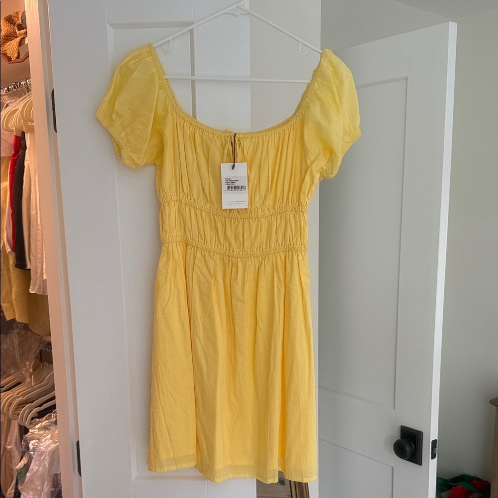 Faithfull the Brand Yellow Puff-Sleeve Smocked Dress